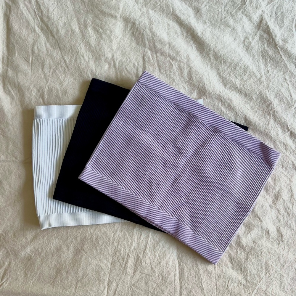 Set of Three Cotton On Ribbed Tube Tops in Black, White, and Purple